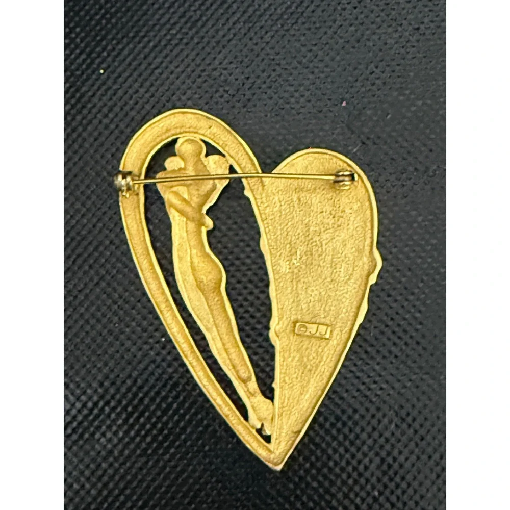 Vintage Signed JJ Gold pewter Lovers in Heart Brooch/Pin Large and‎ Rare